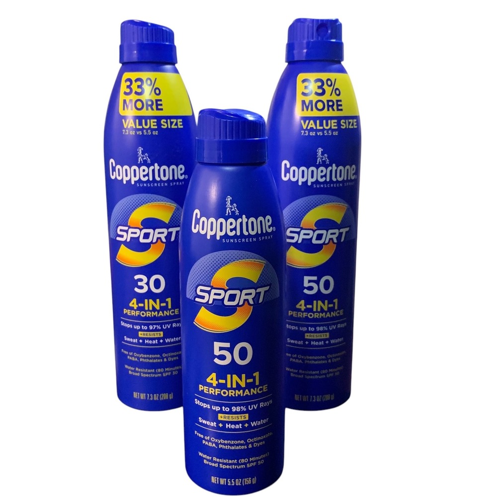 Lot of 3 Coppertone Sport Sunscreen Spray SPF‎ 30/50 4-in-1 Performance Value Sz